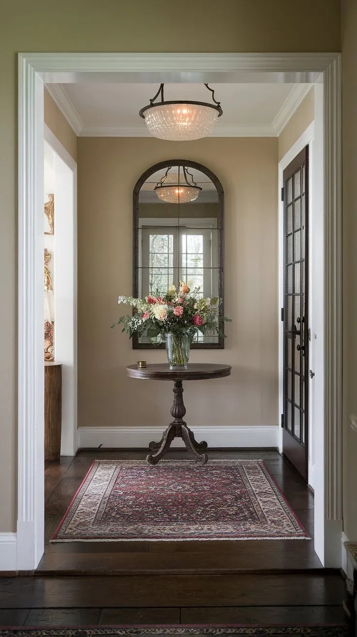 This elegant hallway design offers a perfect blend of traditional entryway charm and modern simplicity. Explore hallway wall ideas and house design entryway inspiration with this clean and well-lit space, boasting beautiful hallway flooring ideas and beige home decor.