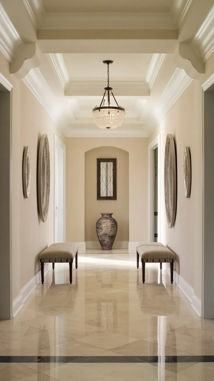 A clean entryway decor dream: this neutral entrance hall boasts a traditional entryway design with stunning marble hallway flooring ideas. Elegant hallway design meets practicality with thoughtful decorative hallway decor and comfortable seating, making it the perfect example of beige home decor ideas.