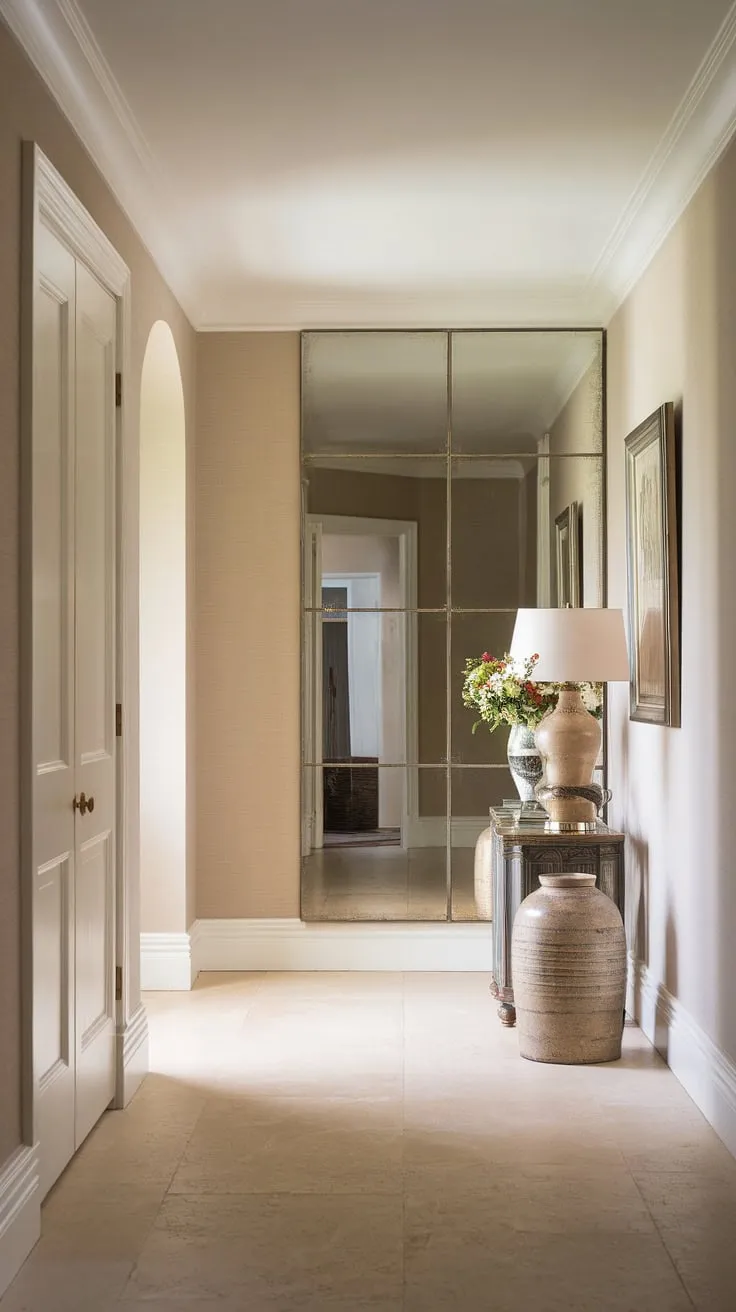 This elegant hallway design showcases the beauty of a neutral entrance hall. The beige home decor ideas, including the hallway flooring ideas and hallway wall ideas, create a calm and sophisticated atmosphere. A large mirror enhances the space, while subtle decorative hallway decor, such as a lamp and vase of flowers, adds personality to this clean entryway decor. This traditional entryway is a perfect example of house design entryway ideas for those seeking a timeless and refined aesthetic.