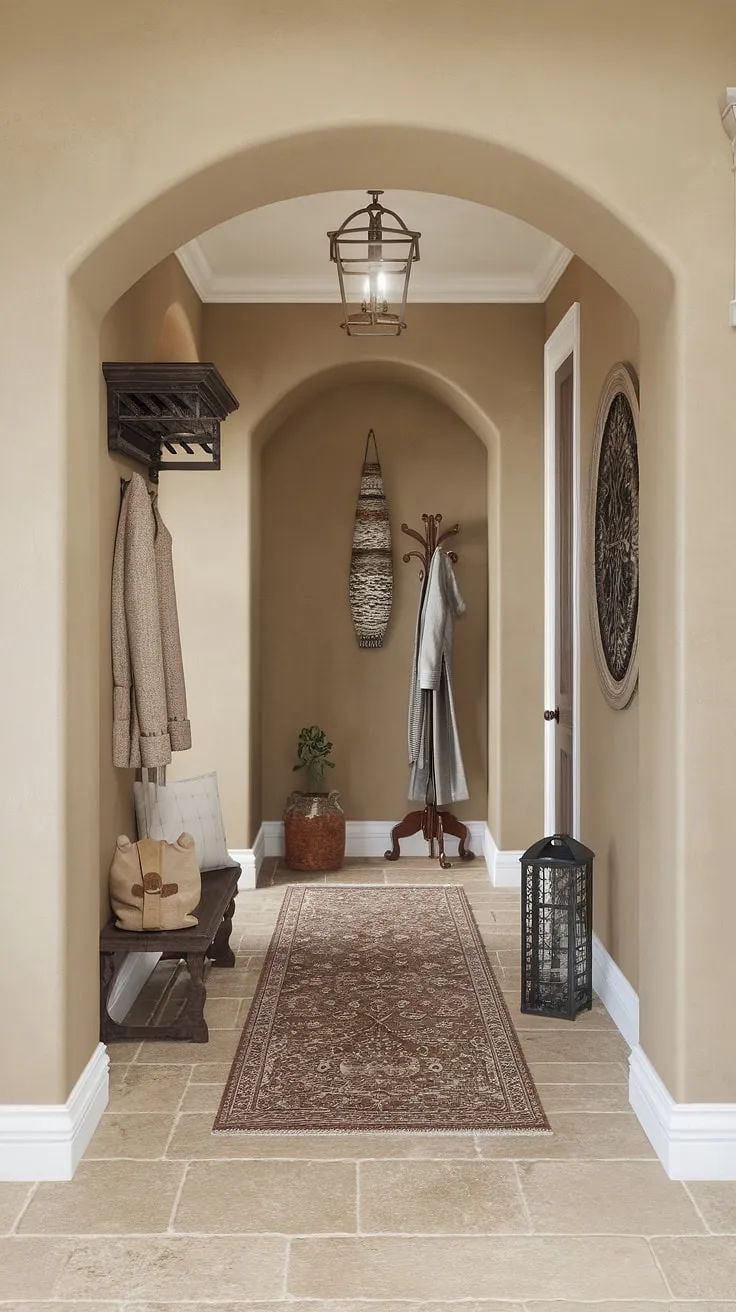 This traditional entryway showcases a clean entryway decor with a neutral entrance hall, perfect for beige home decor ideas. The elegant hallway design features hallway flooring ideas in a subtle beige, complemented by a decorative hallway decor and hallway wall ideas that create a welcoming atmosphere. The simple coat rack and decorative runner rug complete this sophisticated house design entryway.