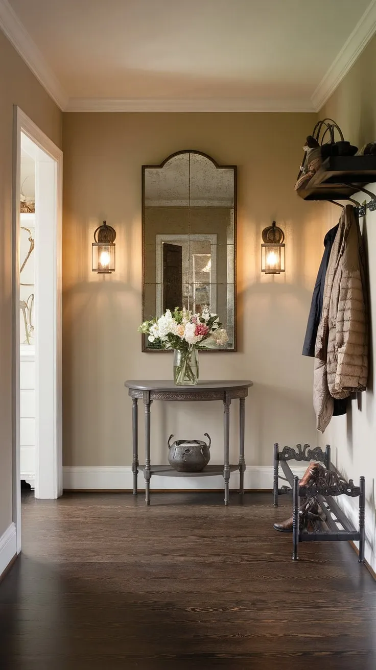 A neutral entrance hall, designed for both elegance and practicality. This traditional entryway boasts clean entryway decor, with beige home decor ideas creating a calming atmosphere. The dark wood hallway flooring adds warmth, while the large mirror and carefully chosen decorative hallway decor elevate the space. Consider this elegant hallway design for your own hallway ideas, showcasing sophisticated hallway wall ideas and hallway flooring ideas.