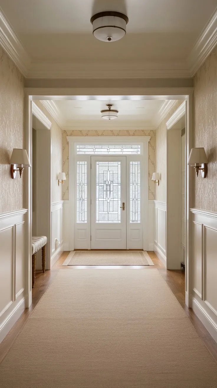 A traditional entryway redefined: subtle beige home decor ideas and hallway ideas create a clean entryway decor. The elegant hallway design, featuring hallway flooring ideas and hallway wall ideas, makes this neutral entrance hall a welcoming space.