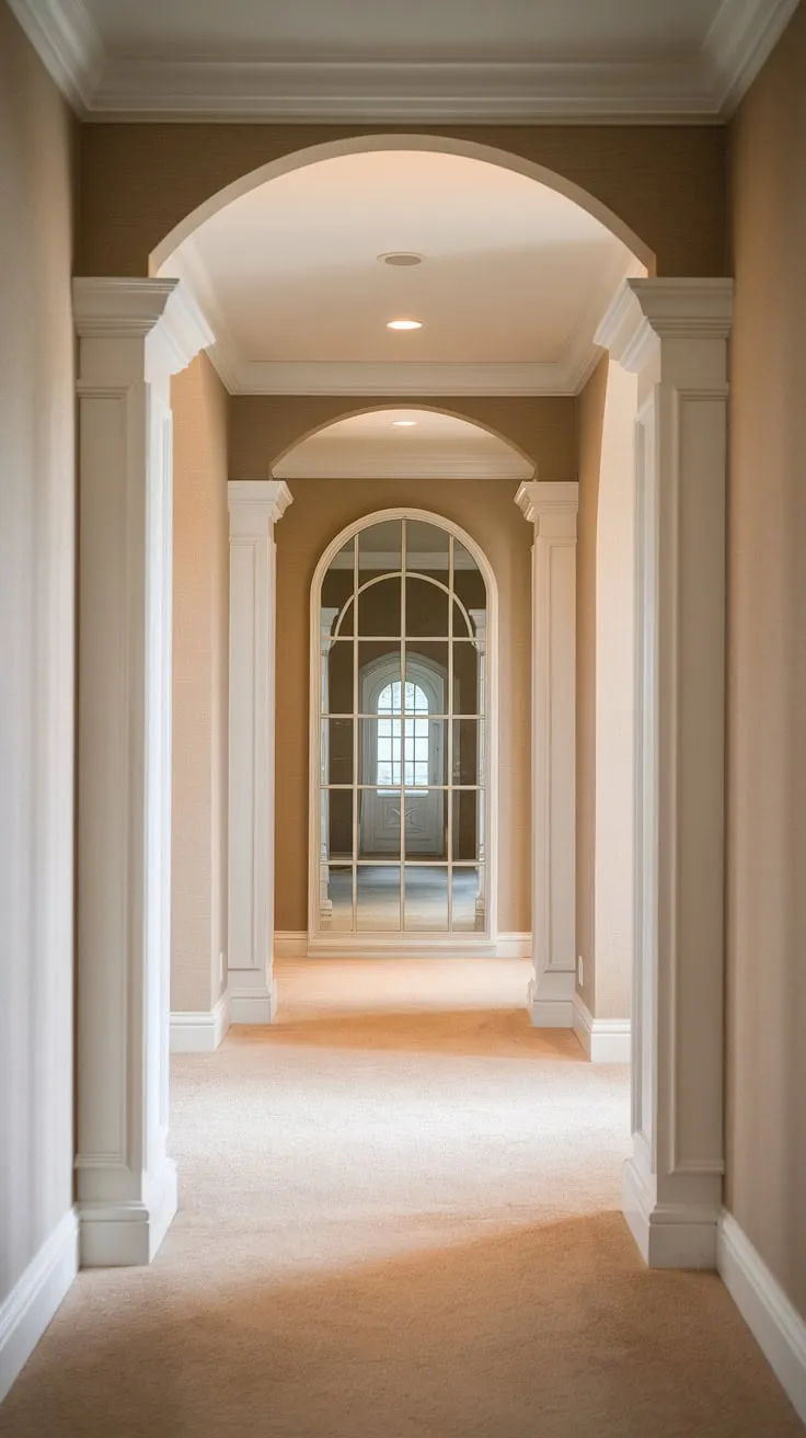 This traditional entryway boasts an elegant hallway design, showcasing clean entryway decor with beige home decor ideas. The neutral entrance hall features hallway flooring ideas of beige carpet and white columns, creating a welcoming ambiance. Hallway wall ideas are subtly highlighted by the large mirror at the end, reflecting the warm lighting and adding brightness. These hallway ideas are perfect for a house design entryway seeking sophisticated simplicity and decorative hallway decor.
