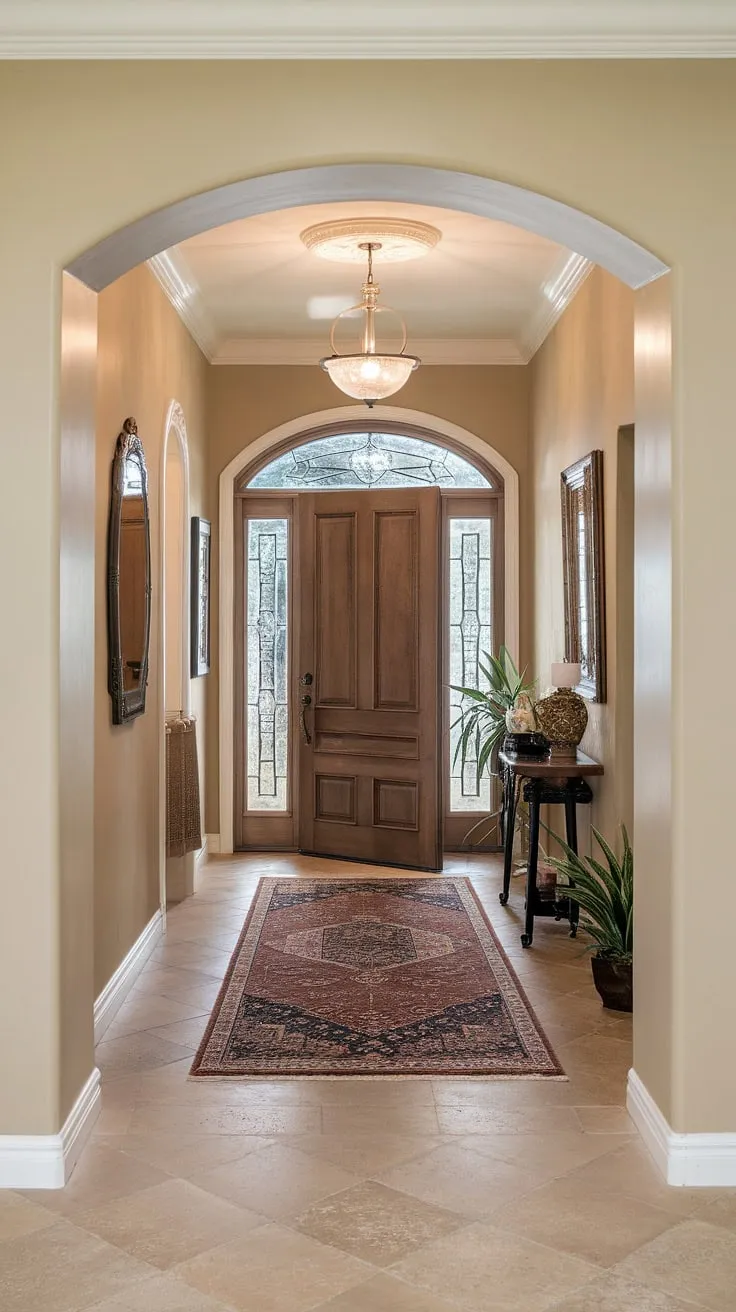 A captivating traditional entryway, showcasing the beauty of a neutral entrance hall. This elegant hallway design features thoughtful decorative hallway decor and clever hallway flooring ideas, creating a clean entryway decor that's both welcoming and refined. The beige home decor ideas perfectly complement the hallway wall ideas, making this house design entryway a true statement of style.