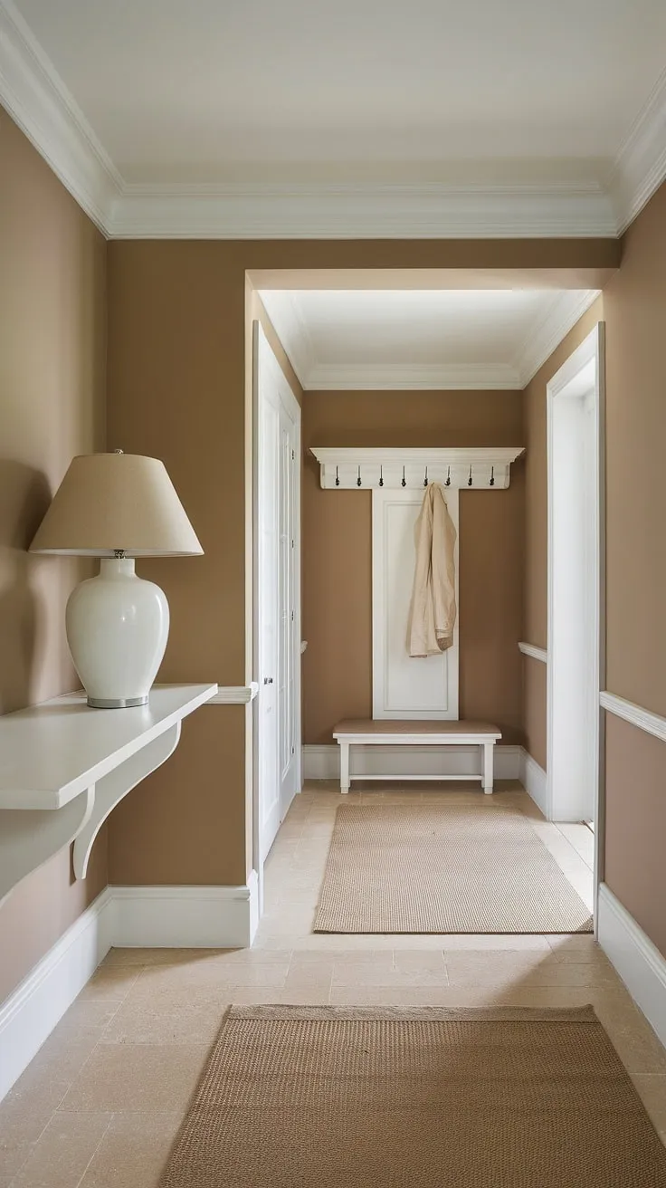 This traditional entryway showcases elegant hallway design with a clean entryway decor. The neutral entrance hall features beige home decor ideas, including beige tile hallway flooring ideas, a white shelf with a beige lamp, and a beige rug complementing the white coat rack. Hallway wall ideas are subtly showcased with the simple yet effective shelving and coat rack placement. This house design entryway offers inspiration for hallway ideas and decorative hallway decor in a calming, sophisticated style.