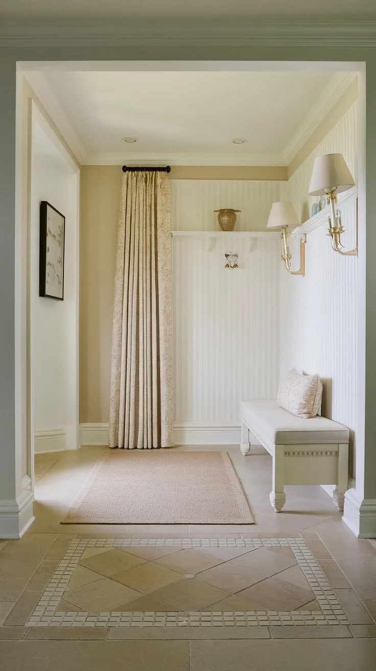 This traditional entryway is the epitome of calm. The decorative hallway decor and hallway wall ideas create a sophisticated ambiance, while the beige home decor ideas and hallway flooring ideas ensure a clean entryway decor. A stunning example of elegant hallway design.