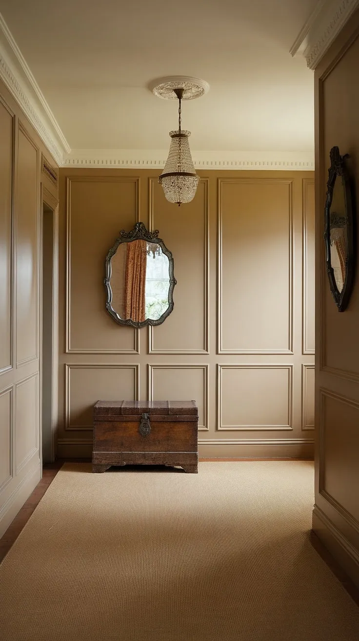 Step into elegance with this traditional entryway. The beige wall paneling, complemented by a decorative mirror and vintage wooden chest, creates a clean entryway decor that's both warm and inviting. This neutral entrance hall showcases sophisticated hallway ideas, including hallway flooring ideas with a plush beige carpet, and decorative hallway decor that elevates the space. The chandelier adds a touch of grandeur to this elegant hallway design, making it the perfect example of house design entryway and beige home decor ideas. Hallway wall ideas are effortlessly executed here, creating a truly stunning space.
