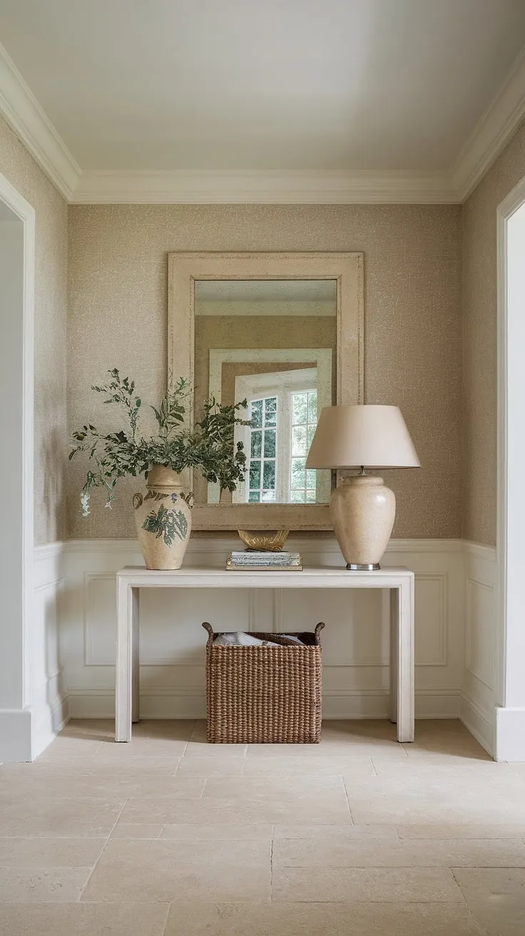 A serene and elegant hallway design, showcasing clean entryway decor in a neutral entrance hall. This traditional entryway boasts beautiful hallway flooring ideas and hallway wall ideas, complemented by beige home decor ideas.