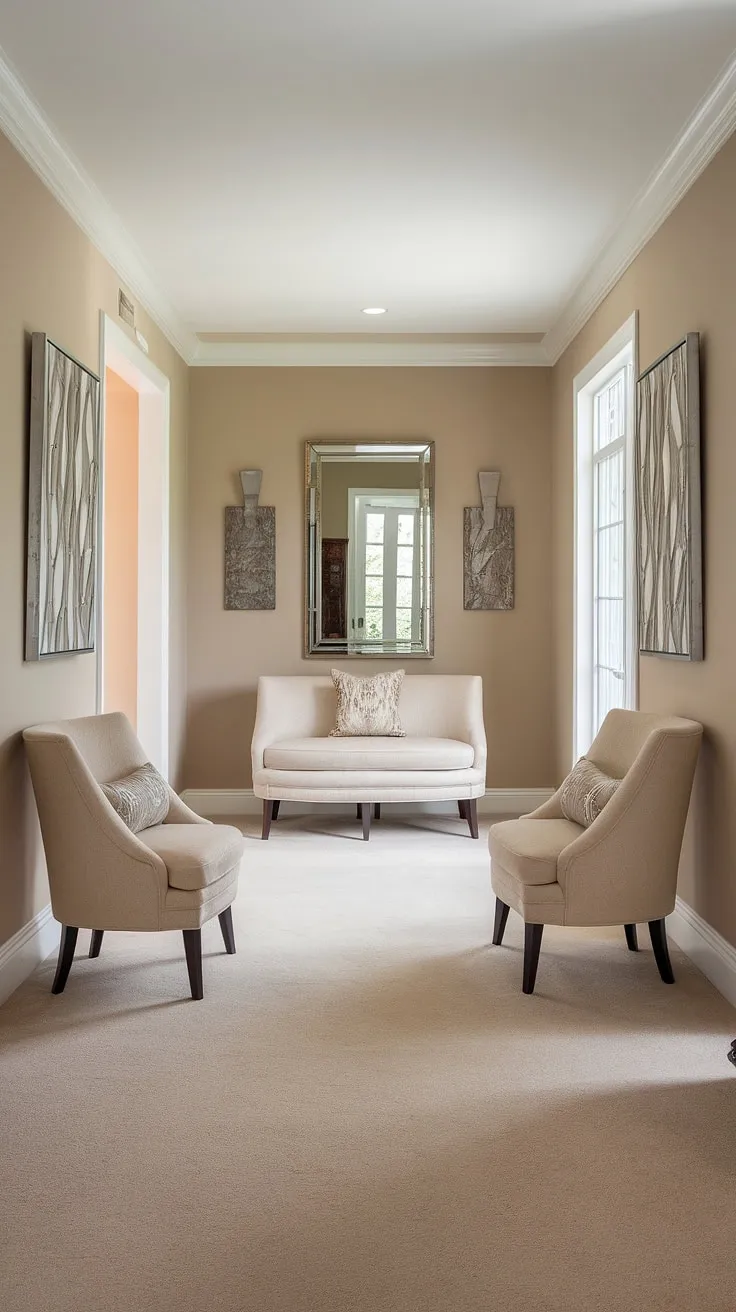 A clean and elegant traditional entryway welcomes you with its calming beige home decor. This neutral entrance hall boasts sophisticated hallway ideas, from the plush beige carpet flooring (perfect for hallway flooring ideas) to the thoughtfully arranged seating. The house design entryway is a masterclass in clean entryway decor, showcasing decorative hallway decor and elegant hallway design elements. The hallway wall ideas are subtle yet impactful, completing this serene and inviting space.