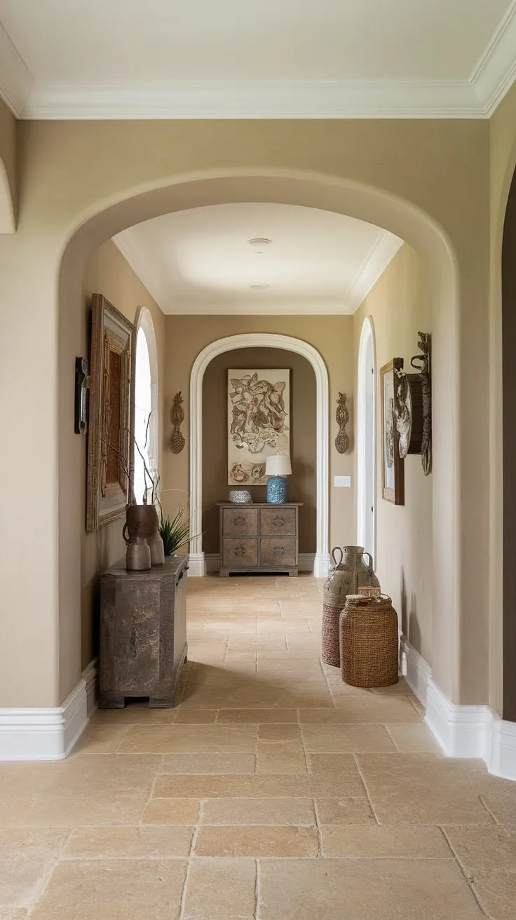 This elegant hallway design showcases a traditional entryway with clean entryway decor. The neutral entrance hall features beige home decor ideas, including beige tiles for hallway flooring ideas, creating a sophisticated and calming atmosphere. Hallway wall ideas are subtly incorporated, allowing the decorative hallway decor to take center stage. This house design entryway offers inspiration for hallway ideas, proving that simplicity can be truly stunning.