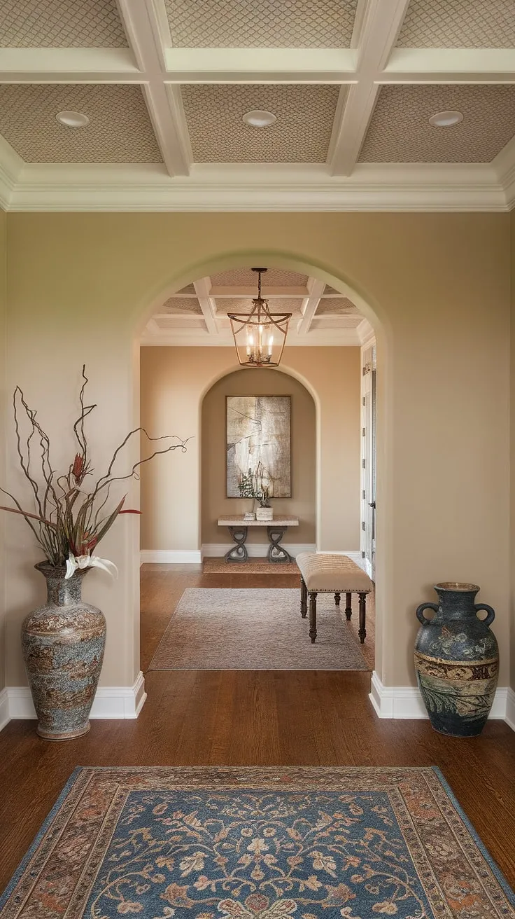 This image perfectly captures hallway ideas for a traditional home. The beige home decor ideas create a calm and inviting neutral entrance hall, while the decorative hallway decor adds a touch of elegance. The clean entryway decor and thoughtful hallway flooring ideas, combined with the stunning hallway wall ideas, make this house design entryway truly exceptional. The traditional entryway is a testament to elegant hallway design.