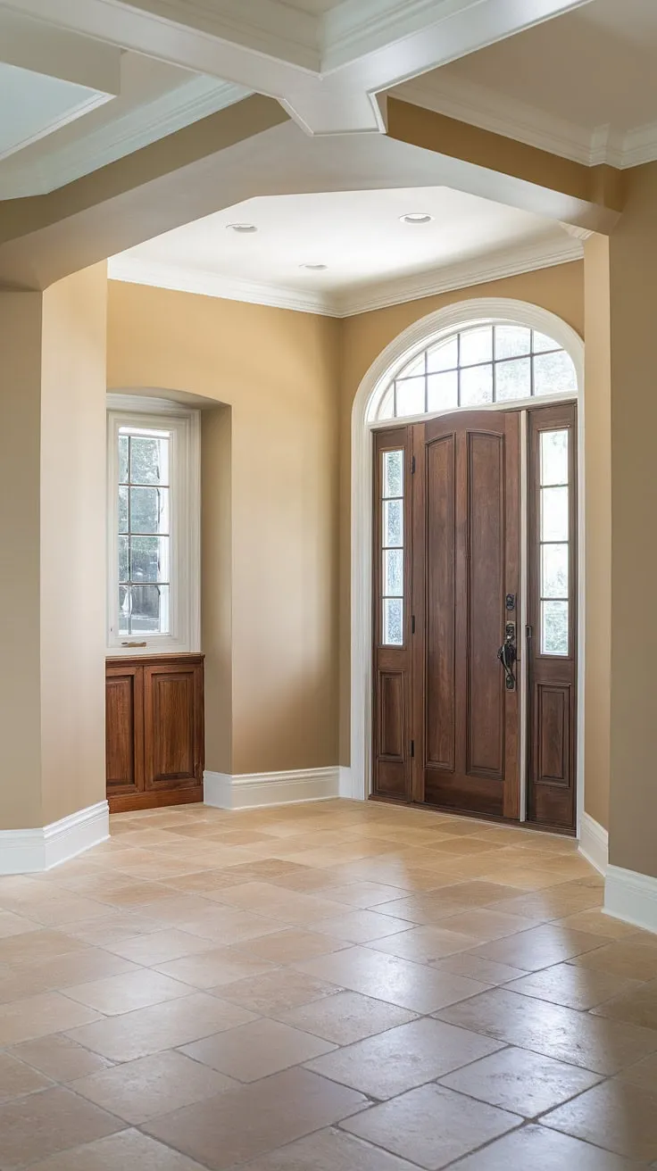 A timeless traditional entryway showcasing sophisticated hallway ideas. The beige home decor ideas and clean lines create a neutral entrance hall that's both elegant and inviting. Explore hallway flooring ideas and hallway wall ideas for your own dream space.