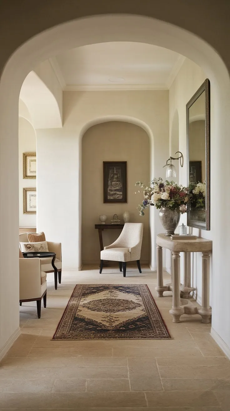 Step into serenity with this traditional entryway, showcasing elegant hallway design and clean entryway decor. Neutral entrance hall vibes meet beige home decor ideas in this space, featuring inspiring hallway flooring ideas and hallway wall ideas.