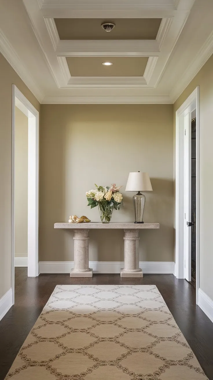This traditional entryway's sophisticated hallway wall ideas and decorative hallway decor create a welcoming neutral entrance hall. The elegant hallway design and hallway flooring ideas are the perfect complement to this clean entryway decor.