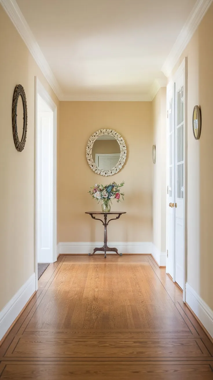 A serene and sophisticated neutral entrance hall, this image offers a wealth of hallway ideas. The elegant hallway design features a traditional entryway with beautiful hallway flooring ideas in a medium-toned hardwood. Beige home decor ideas are subtly incorporated, while a decorative mirror and floral arrangement add touches of clean entryway decor. This house design entryway provides inspiration for hallway wall ideas and decorative hallway decor.