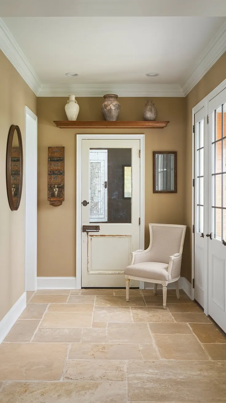 A serene and inviting neutral entrance hall, this traditional entryway is a masterclass in clean entryway decor. The beige home decor ideas are beautifully executed, from the beige stone tile flooring (perfect hallway flooring ideas) to the subtle beige walls. The white chair and simple decorative hallway decor create a sense of calm. The wooden shelf and white door add to the elegant hallway design, making this a stunning example of house design entryway and offering plenty of hallway ideas and hallway wall ideas for your own home.