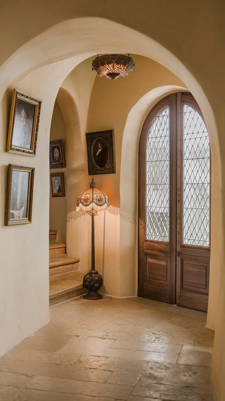 Warm lighting bathes this traditional entryway, showcasing elegant hallway design with clean entryway decor. The neutral entrance hall features beige home decor ideas, including beige wall paint and beige tile hallway flooring ideas. Framed portraits add personality to the hallway wall ideas, while a decorative lampshade near the wooden door completes the look. This house design entryway offers inspiration for hallway ideas and decorative hallway decor.
