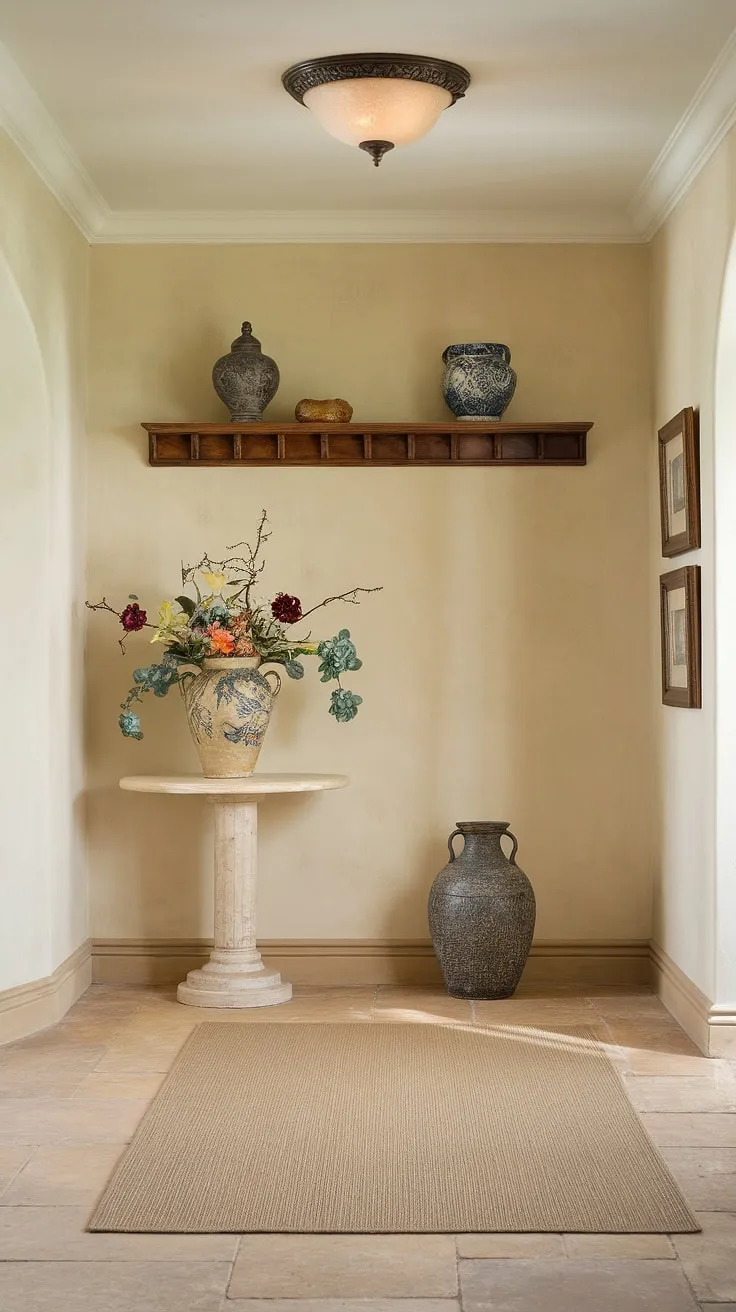 A clean entryway decor dream! This traditional entryway boasts a sophisticated neutral entrance hall with beige home decor ideas. The beige flooring and beige walls create a calming atmosphere, while the decorative hallway decor, including the vase and shelf accents, adds personality. This elegant hallway design offers excellent hallway ideas and hallway flooring ideas for those seeking a sophisticated and serene space. The house design entryway is a masterclass in understated luxury.