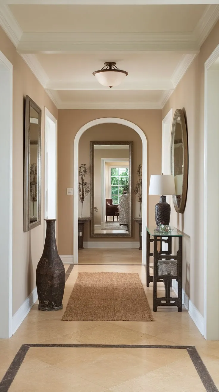 Step into serenity with this traditional entryway, showcasing elegant hallway design and clean entryway decor. The neutral entrance hall, complete with beige home decor ideas and thoughtful decorative hallway decor, offers inspiring hallway ideas and hallway flooring ideas for your house design entryway.