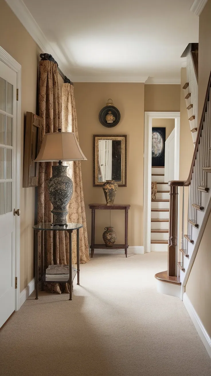 This elegant hallway design showcases a traditional entryway, perfectly embodying neutral entrance hall style. The beige home decor ideas, including the beige carpeted floor (hallway flooring ideas) and walls, create a clean entryway decor. A subtle mix of decorative hallway decor, such as the vase, painting, and small table, adds personality without overwhelming the space. The hallway wall ideas are simple yet effective, allowing the architectural details of the staircase and door to shine. This house design entryway offers ample hallway ideas for creating a welcoming and sophisticated atmosphere.