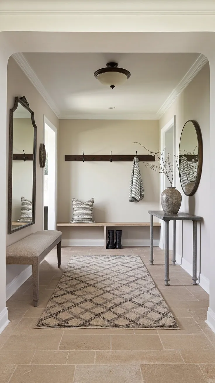 Step into serenity with this traditional entryway. The neutral palette, geometric rug, and elegant mirror create a clean entryway decor that's perfect for hallway ideas and beige home decor ideas. This house design entryway showcases stunning hallway flooring ideas and decorative hallway decor.