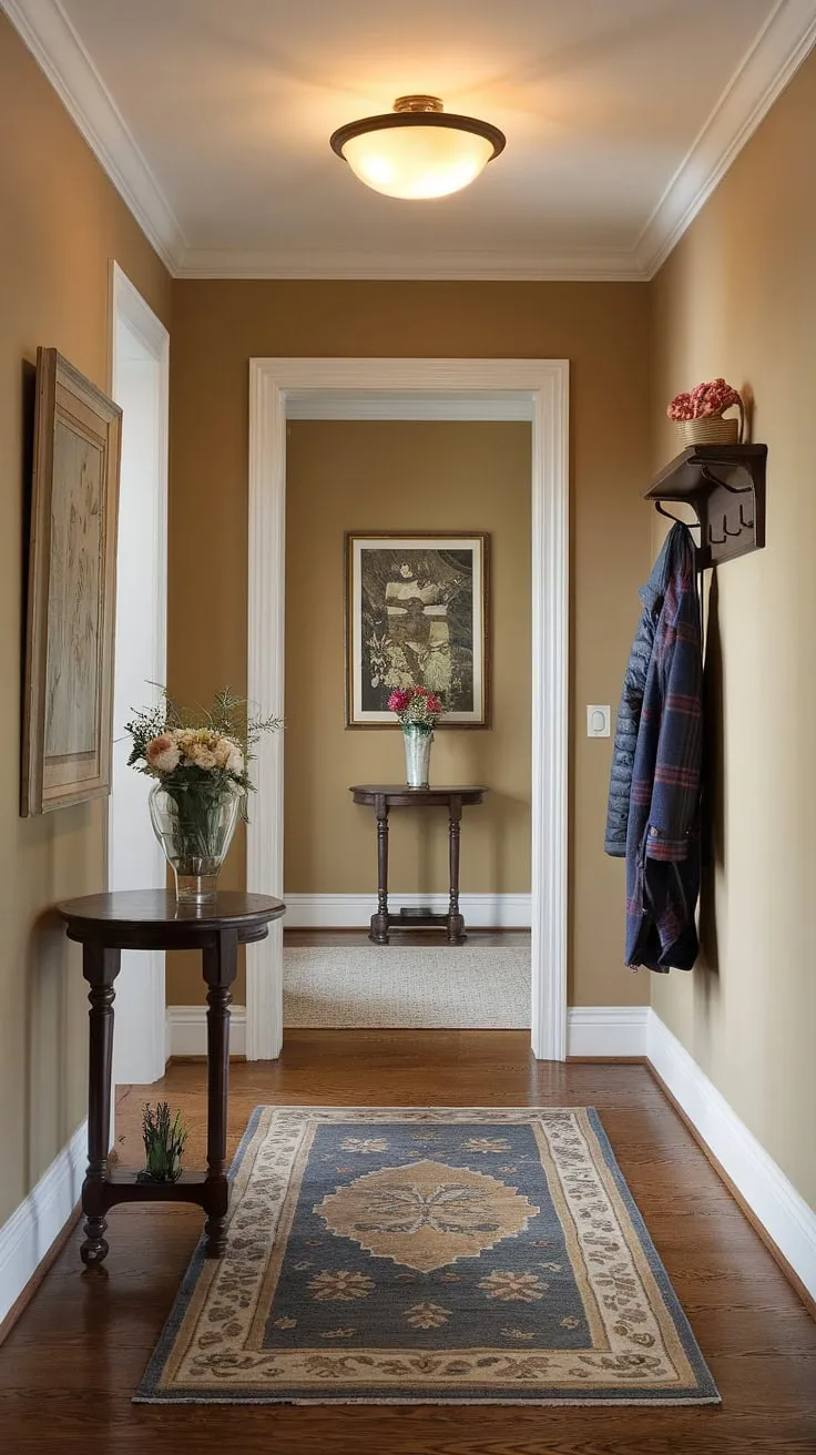 Step into serenity with this traditional entryway. Warm lighting, elegant hallway design, and clean entryway decor create a welcoming neutral entrance hall. Hallway ideas abound with this beige home decor and hallway flooring ideas. The decorative hallway decor and hallway wall ideas complete this house design entryway.