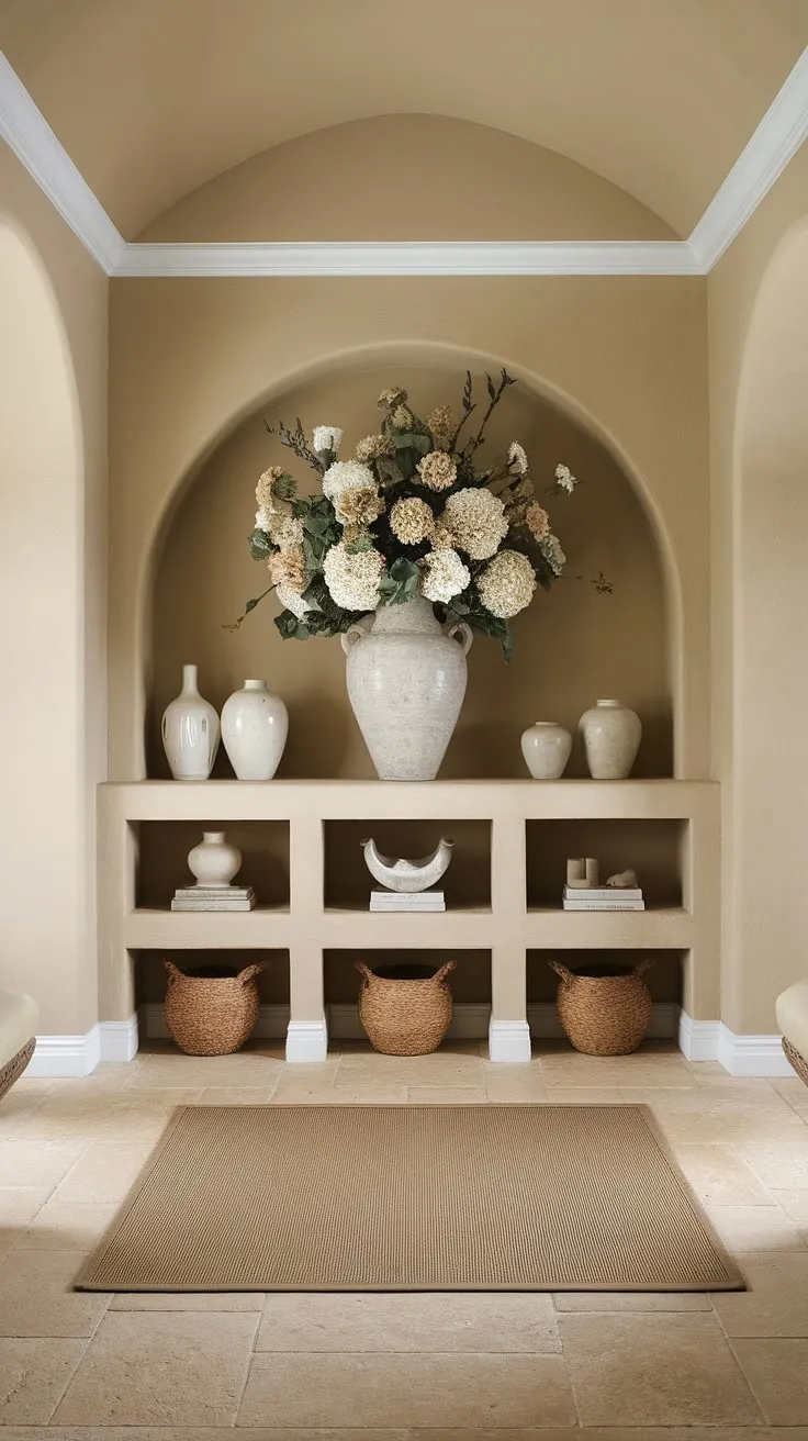 A serene and stylish neutral entrance hall, perfect for hallway ideas. This elegant hallway design features beige home decor ideas, including beige tile hallway flooring ideas and a coordinating rug. The clean entryway decor, with its simple shelf and vase of flowers, offers inspiration for hallway wall ideas and house design entryway projects. The traditional entryway's calming palette and decorative hallway decor create a sophisticated welcome.