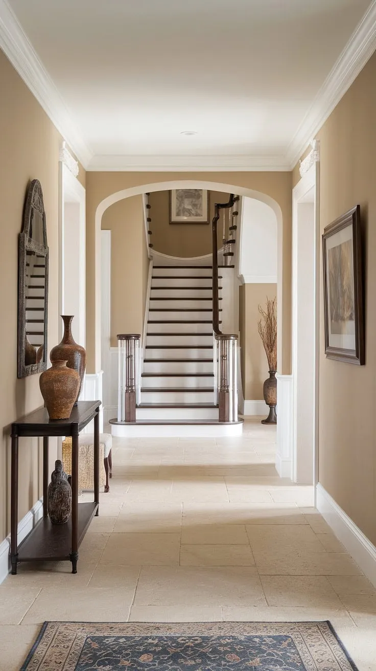 This traditional entryway showcases elegant hallway design with a calming beige home decor theme. The neutral entrance hall features clean entryway decor, including a tasteful vase and mirror, while the dark wooden staircase provides a striking contrast. Note the hallway flooring ideas and hallway wall ideas that contribute to this sophisticated house design entryway.