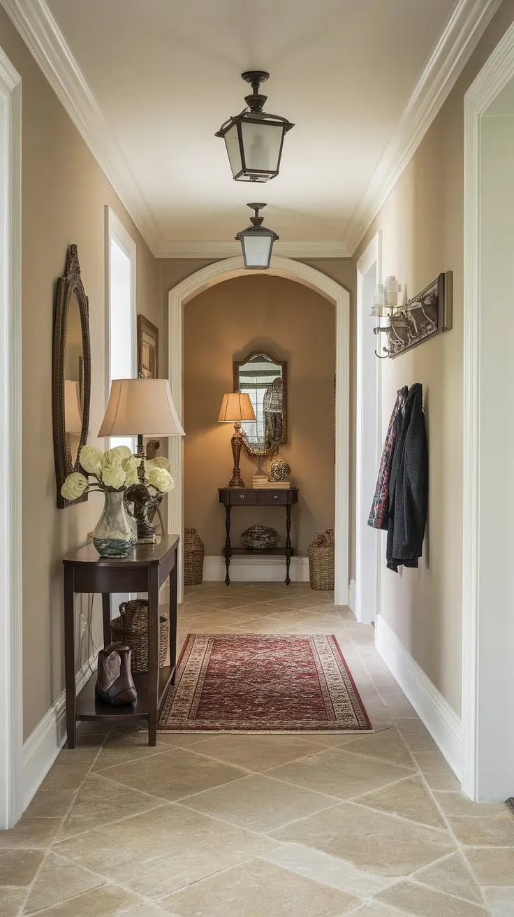 Step into serenity with this traditional entryway, showcasing elegant hallway design and clean entryway decor. Neutral entrance hall and beige home decor ideas create a calming atmosphere, while decorative hallway decor adds personality. Hallway flooring ideas and hallway wall ideas complete this sophisticated house design entryway.