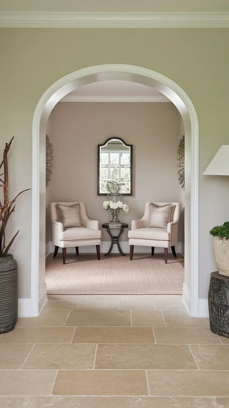 Step into serenity with this traditional entryway, showcasing elegant hallway design and clean entryway decor. The neutral entrance hall, complete with beige home decor ideas and hallway flooring ideas, creates a welcoming atmosphere. Hallway wall ideas are effortlessly chic, complementing the hallway ideas and house design entryway.