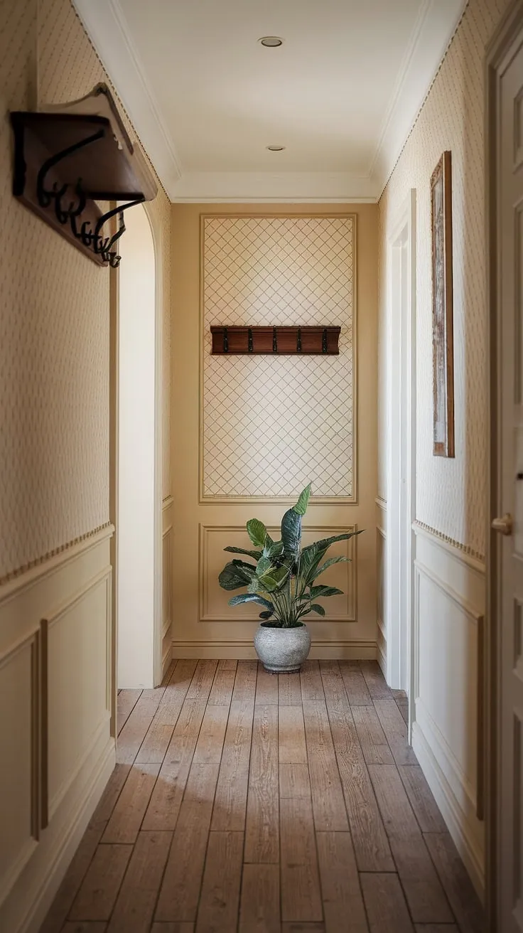 Step into serenity with this traditional entryway. The elegant hallway design features warm beige home decor ideas, showcasing beautiful hallway flooring ideas and clean entryway decor. Note the decorative hallway decor and hallway wall ideas, creating a neutral entrance hall perfect for hallway ideas in any home. The soft lighting enhances the house design entryway's timeless appeal.