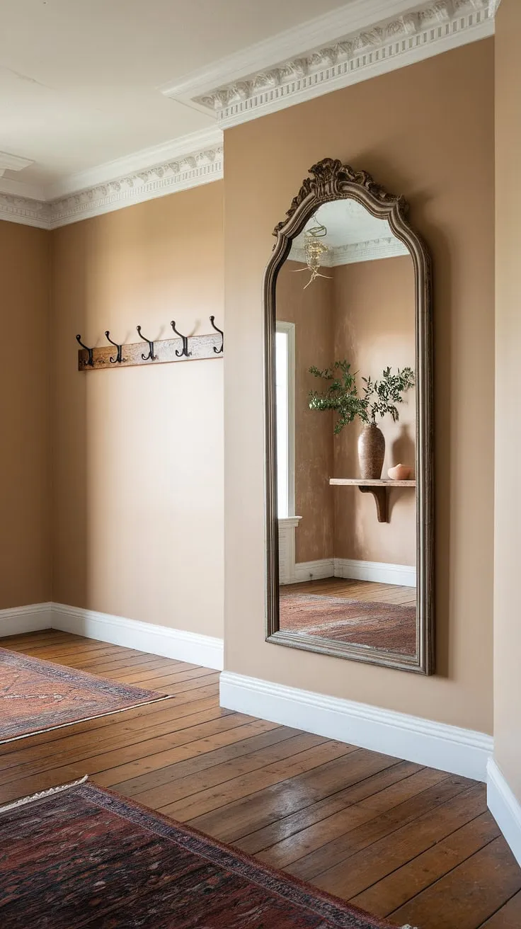 This traditional entryway boasts a clean entryway decor with elegant hallway design elements. The neutral entrance hall features beige home decor ideas, including a large ornate mirror reflecting a wooden shelf with greenery. Hallway flooring ideas are showcased with the rich wooden floors and layered rugs. Note the thoughtful hallway wall ideas with coat hooks and the overall house design entryway's sophisticated feel. Perfect hallway ideas for those seeking a refined and welcoming space.
