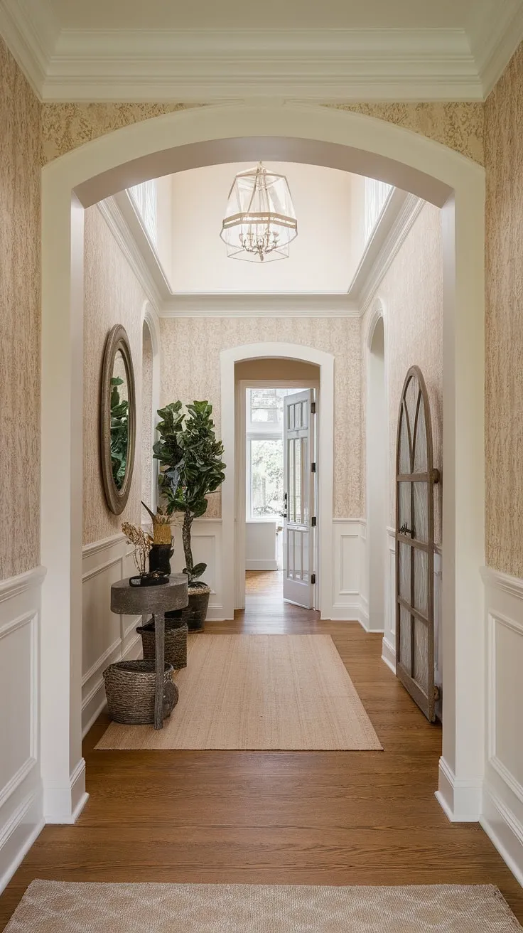 Step into elegance with this traditional entryway, showcasing clean entryway decor and beige home decor ideas. The hallway flooring ideas and hallway wall ideas create a neutral entrance hall perfect for hallway ideas and house design entryway inspiration. The decorative hallway decor adds a touch of sophistication to this elegant hallway design.