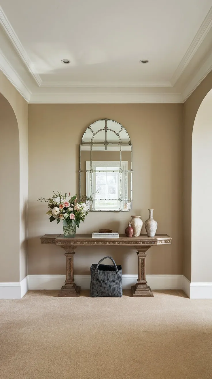 A clean entryway decor dream! This traditional entryway boasts a neutral entrance hall with beige home decor ideas, showcasing elegant hallway design at its finest. The hallway wall ideas are subtly highlighted by a decorative mirror above a wooden console table, adding a touch of warmth. Hallway flooring ideas are effortlessly addressed with the soft beige carpet. This house design entryway is a masterclass in simplicity and sophistication, offering ample inspiration for hallway ideas and decorative hallway decor.