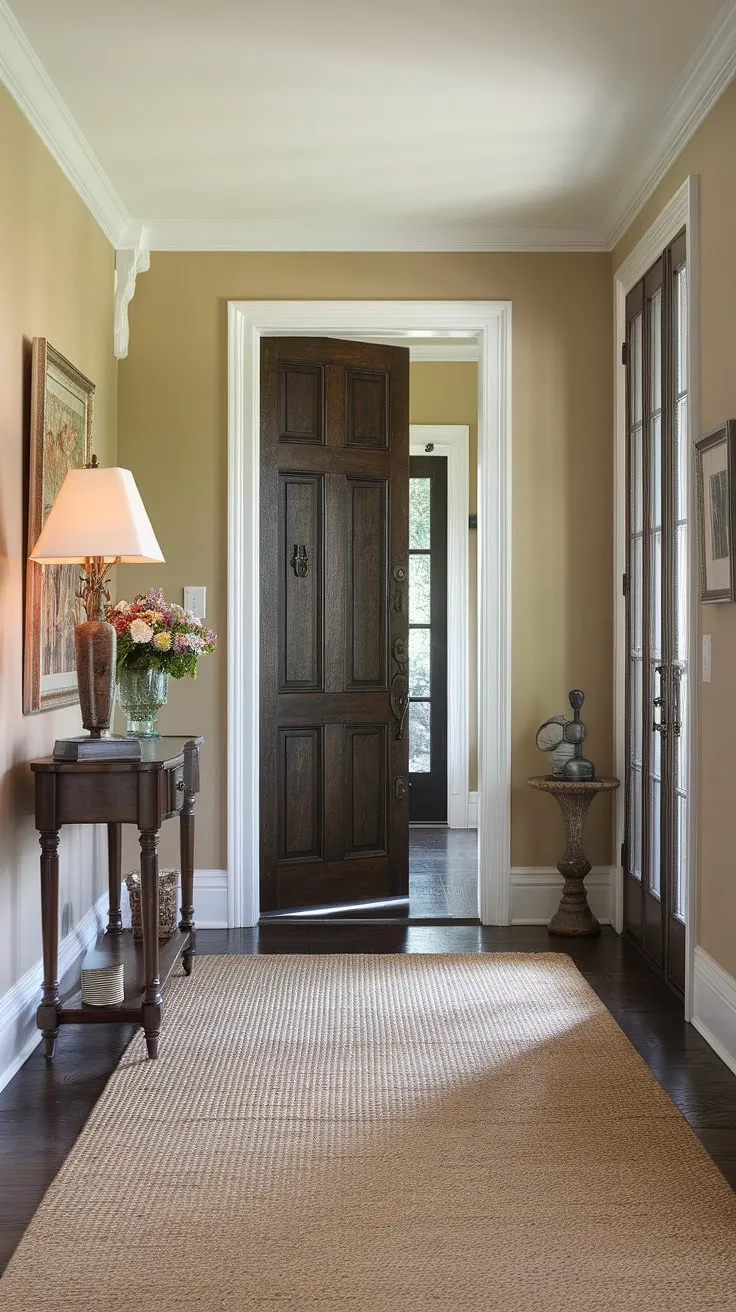 Step into elegance with this traditional entryway, showcasing clean entryway decor and neutral entrance hall style. The hallway ideas, including hallway flooring ideas and hallway wall ideas, create a sophisticated beige home decor.