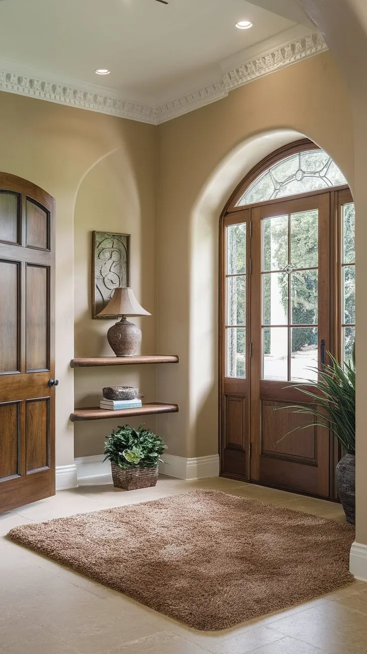 Step into serenity with this traditional entryway. Neutral tones and elegant details create a clean entryway decor, perfect for hallway ideas and hallway flooring ideas. This beige home decor showcases a sophisticated house design entryway.