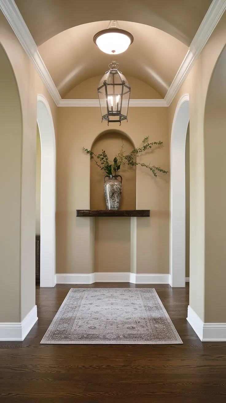 This traditional entryway boasts a clean and elegant design, showcasing beautiful dark wood flooring—a perfect example of hallway flooring ideas. The neutral entrance hall, featuring beige home decor ideas, is accented with a decorative lantern above a stylish rug, and a simple shelf with greenery adds a touch of life. This house design entryway offers inspiration for hallway ideas and hallway wall ideas, demonstrating how to create a sophisticated and welcoming space with clean entryway decor and decorative hallway decor.