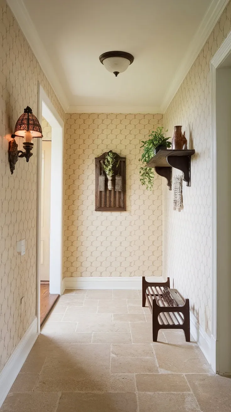 Step into serenity with this traditional entryway. The neutral entrance hall, featuring elegant hallway design and clean entryway decor, offers hallway ideas and hallway flooring ideas that effortlessly blend beige home decor ideas with decorative hallway decor.