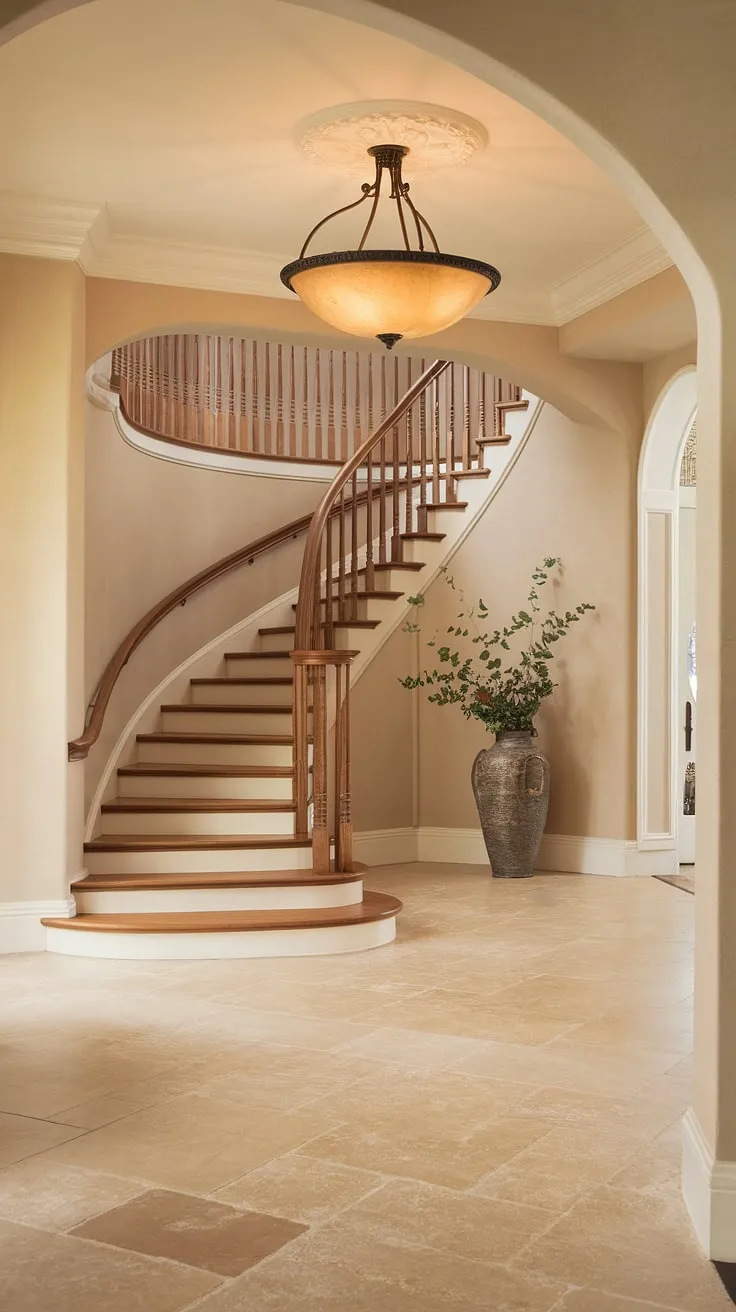 Step into elegance with this traditional entryway. The neutral entrance hall, featuring beige home decor ideas and clean entryway decor, offers inspiration for hallway ideas, hallway flooring ideas, and hallway wall ideas. A perfect example of elegant hallway design and decorative hallway decor.