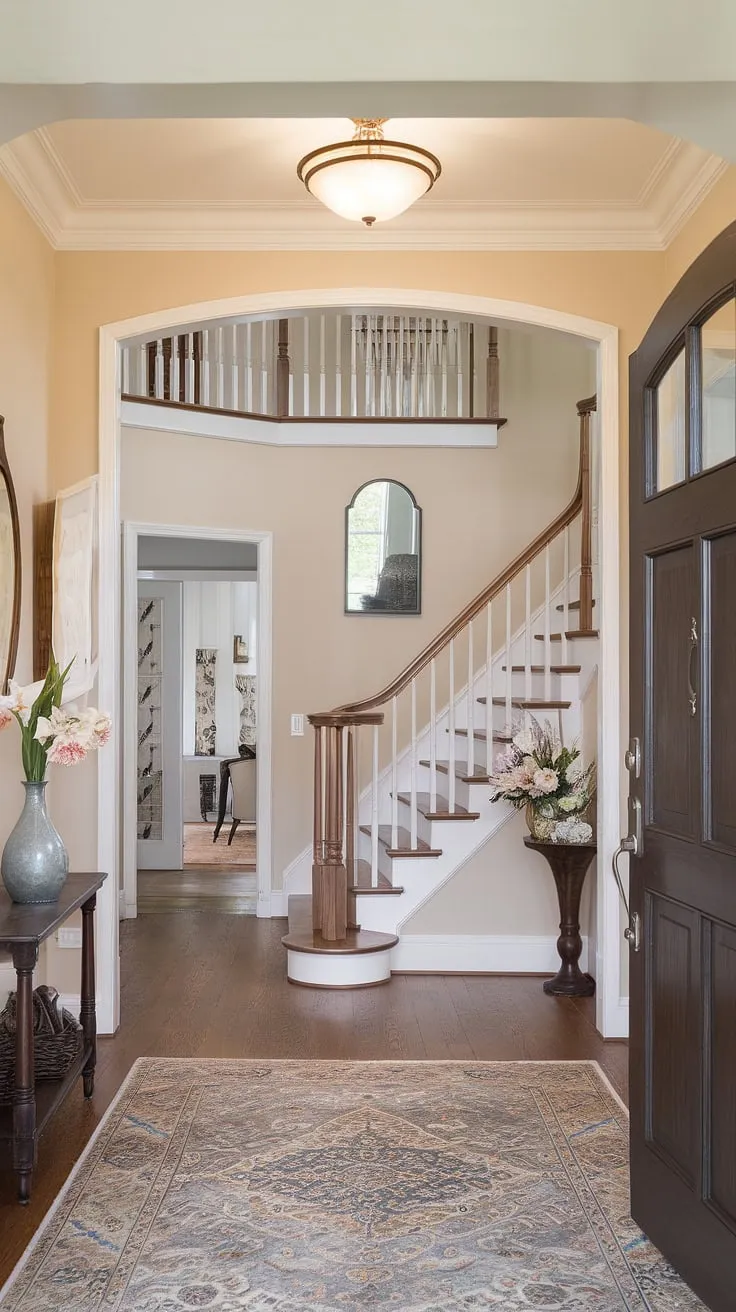 This elegant hallway design showcases a traditional entryway with clean entryway decor. The neutral entrance hall features beige home decor ideas, including beige walls and a light wood staircase with a beige railing. Dark wood flooring and a matching door add warmth, while a mirror and vase of flowers provide decorative hallway decor. This is perfect inspiration for hallway ideas and hallway flooring ideas, offering a sophisticated house design entryway.