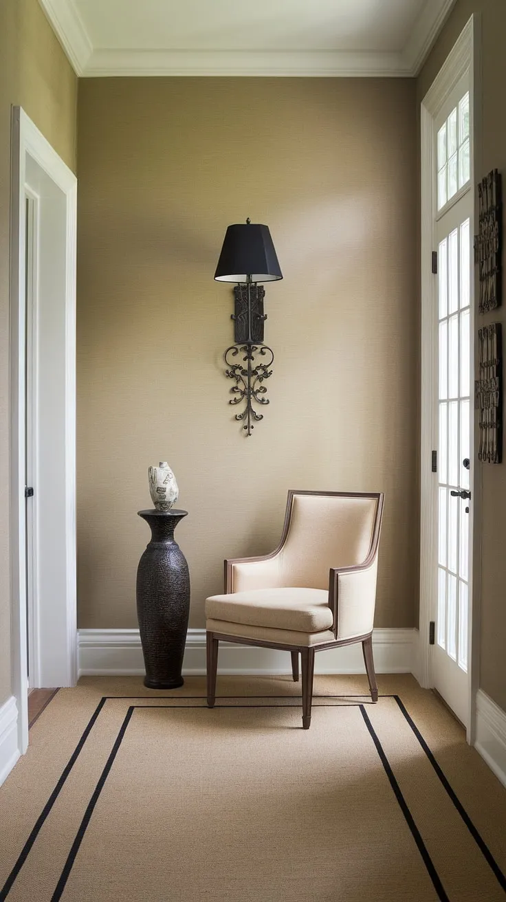 A clean and inviting neutral entrance hall, this house design entryway exemplifies traditional entryway style. The beige home decor ideas are complemented by the striking beige and black striped hallway flooring, providing excellent hallway flooring ideas. A simple black lamp and beige chair add subtle elegance, making this a perfect example of decorative hallway decor and elegant hallway design.