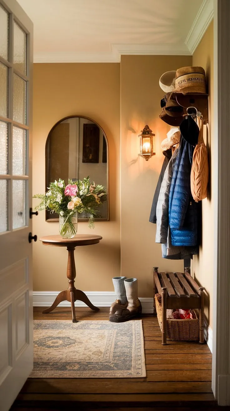Step into serenity with this traditional entryway. Warm lighting, elegant hallway design, and clean entryway decor create a welcoming neutral entrance hall. Hallway ideas abound with this beige home decor and hallway flooring ideas.