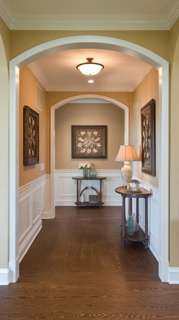This image perfectly captures the essence of hallway ideas, with its traditional entryway boasting a clean and elegant aesthetic. The beige home decor ideas are beautifully complemented by the dark wood hallway flooring, creating a neutral entrance hall that's both stylish and welcoming. Note the subtle decorative hallway decor and the thoughtful hallway wall ideas that contribute to this elegant hallway design and overall house design entryway.