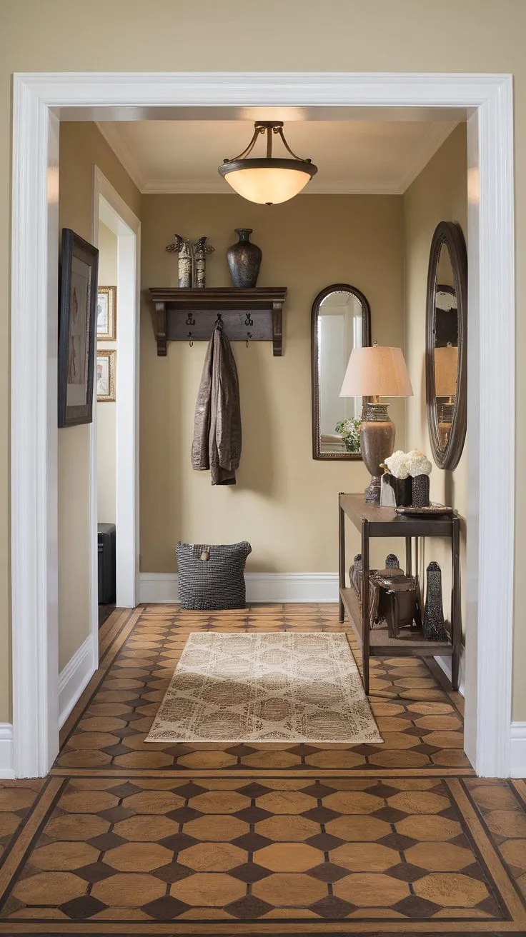 Step into elegance with this traditional entryway. Neutral tones and thoughtful details create a clean entryway decor that's both inviting and sophisticated. Hallway ideas abound in this space, showcasing beautiful hallway flooring ideas and hallway wall ideas. A perfect example of beige home decor ideas and house design entryway inspiration.