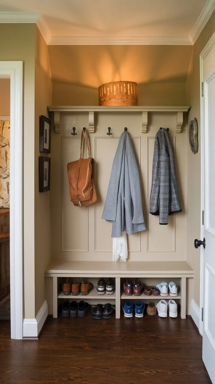 Warm lighting illuminates this traditional entryway, showcasing elegant hallway design with clean entryway decor. The neutral entrance hall features beige home decor ideas, including a small shoe table and coat hooks, all set against a backdrop of rich, dark hallway flooring ideas. This house design entryway offers inspiration for hallway ideas and hallway wall ideas, creating a welcoming and sophisticated space.