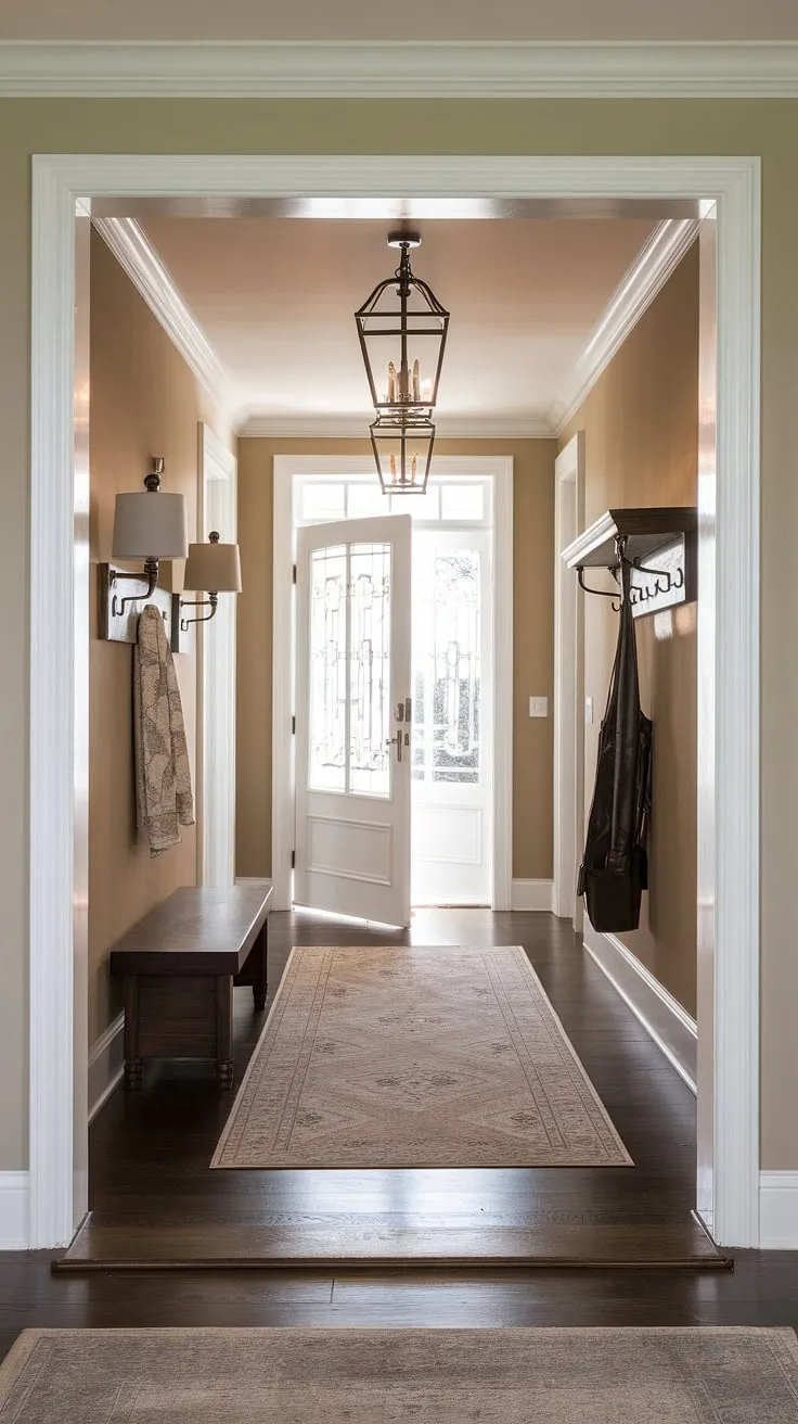 A picture of understated elegance: this traditional entryway showcases clean entryway decor within a beige home decor scheme. Dark wood flooring and thoughtful touches like the wooden bench elevate this elegant hallway design, providing inspiration for your own hallway ideas.