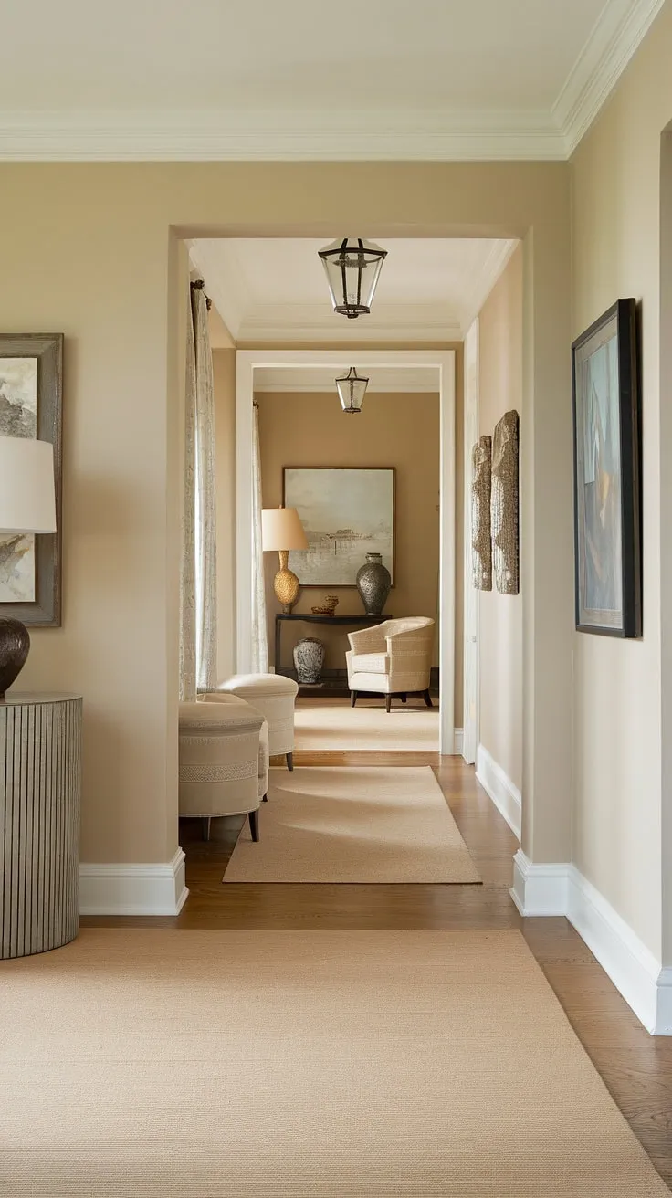 Step into serenity with this traditional entryway. The neutral palette, elegant hallway design, and clean entryway decor create a welcoming atmosphere. Perfect hallway ideas and hallway flooring ideas for a beige home decor lover.