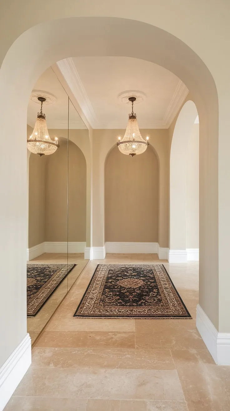 Step into refined elegance with this traditional entryway. The beige marble hallway flooring, a stunning example of hallway flooring ideas, complements the soft beige walls and creates a neutral entrance hall. A classic chandelier casts a warm glow, reflected beautifully in the large mirror, enhancing the decorative hallway decor. The elegant hallway design is completed by a plush rug, offering a touch of warmth and texture. This house design entryway showcases clean entryway decor and provides inspiration for hallway ideas and hallway wall ideas, all within a sophisticated beige home decor scheme.
