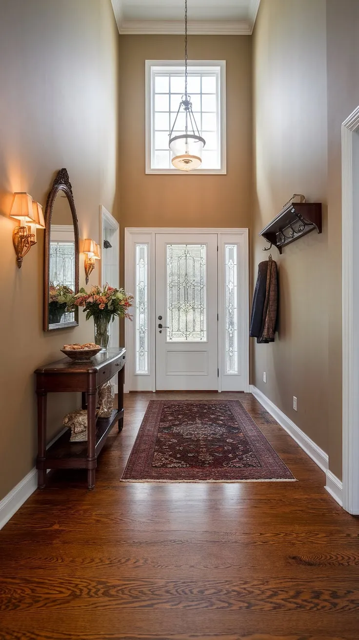 Step into elegance with this traditional entryway, showcasing clean entryway decor and hallway flooring ideas in a neutral entrance hall. The beige home decor ideas create a sophisticated ambiance, complemented by decorative hallway decor and hallway wall ideas.