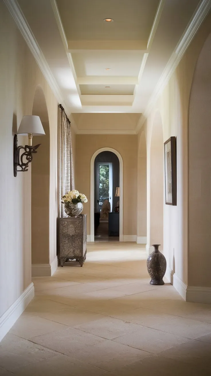 This traditional entryway boasts a serene ambiance with its clean entryway decor and neutral entrance hall design. The elegant hallway design is enhanced by the beige home decor ideas, including the hallway flooring ideas and hallway wall ideas. A simple lamp and decorative item add subtle touches of decorative hallway decor.